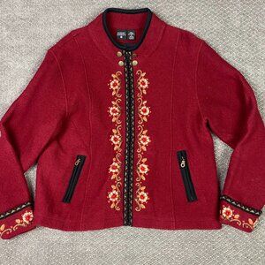 Nordic Design Full Zip Sweater Jacket Women's XL Red 100% Wool Floral Fair Isle